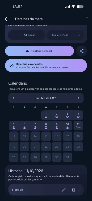 Calendário de progresso no Patinhas