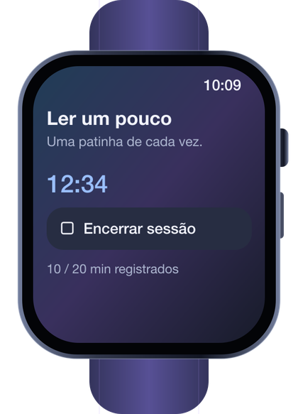 Mockup do Apple Watch exibindo uma sessão de foco no Patinhas